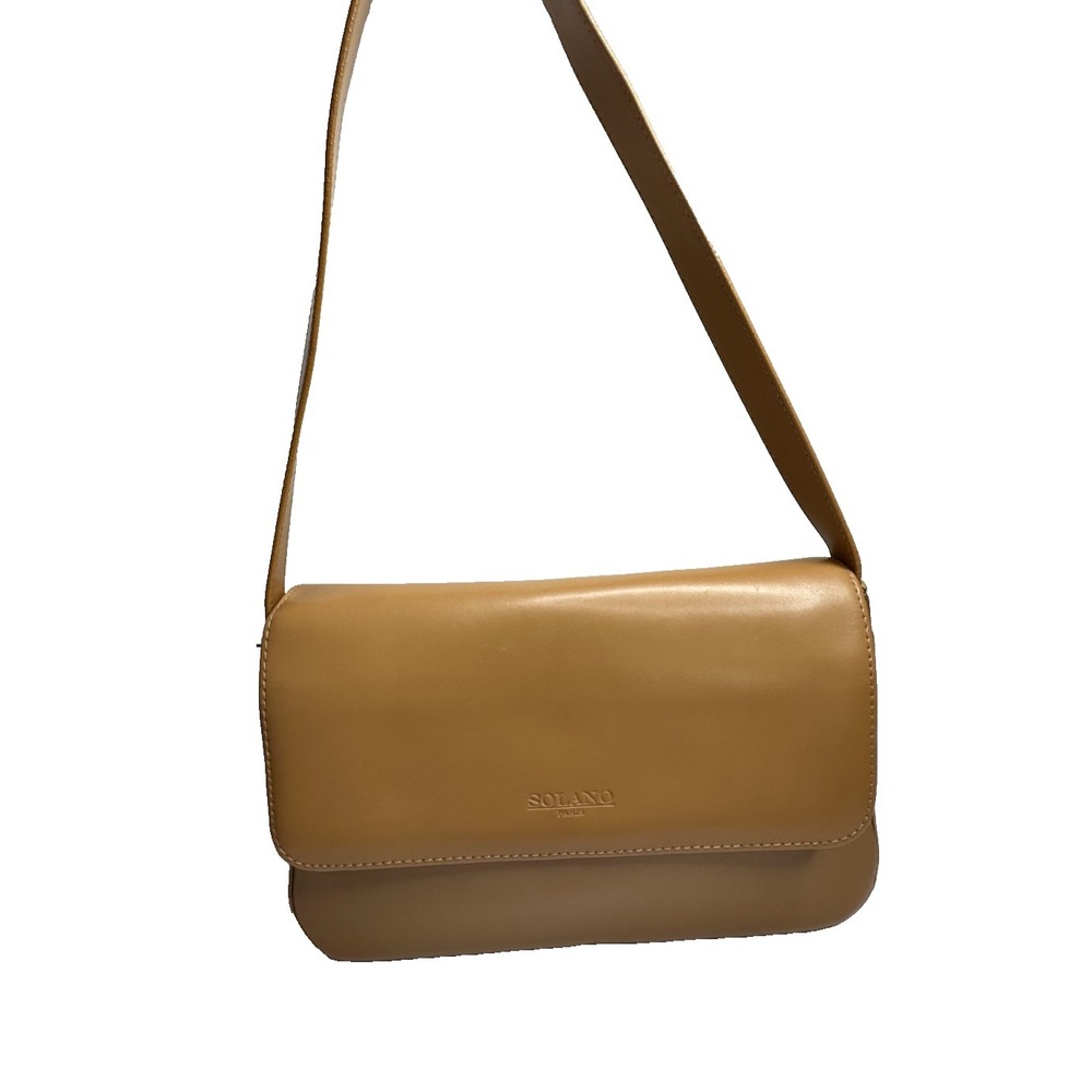 Solano Paris Leather Purse Shoulder Bag Beige Multi Pocket Flap Classic EUC